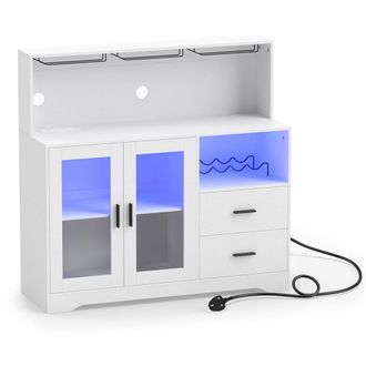 Costway Costway Wine Bar Cabinet LED Lights & Charging Station in White