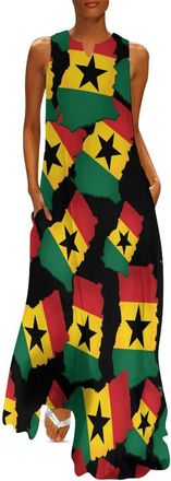 Generic Ghana Flag and Map Trendy Long Maxi Dress for Women Sleeveless Lightweight Flowy Summer Dresses L