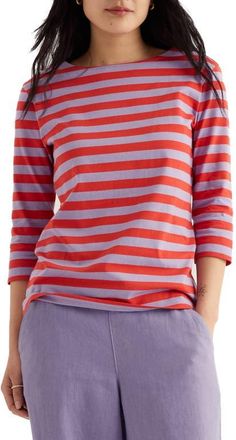 Seasalt Cornwall Sailor Stripe Three Quarter Sleeve Organic Cotton T-Shirt in Breton Creek Bright Radish at Nordstrom, Size 10