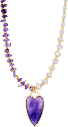 Savvy Cie Jewels GOLD PLATED OVER BRASS FRESH WATER PEARL-AMETHYST HALF AND HALF HEART NECKLACE
