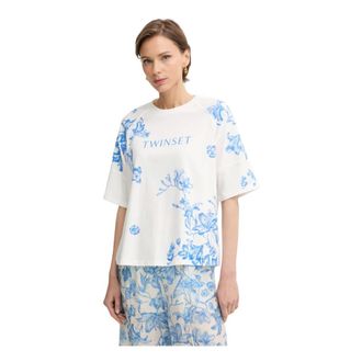 Twinset Tops, Dames, Wit, XS, Katoen, Bloemen T-shirt met logo