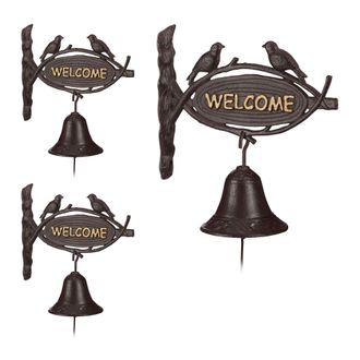 Relaxdays 3 X Campana Para La Entrada Welcome, Retro, Escudo Con P&aacute;jaros, Marr&oacute;n Oscuro