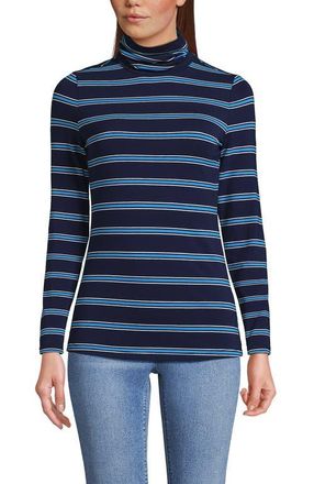 Lands End Lightweight Jersey Skimming Long Sleeve Turtleneck in Deep Sea/cyan Stripe at Nordstrom, Size X-Small P