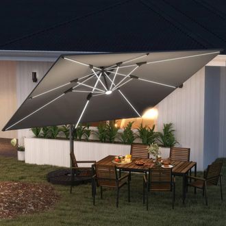 OUTSUNNY Garden Cantilever Parasol, Patio Umbrella w/ Solar LED Lights, Grey