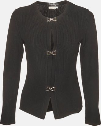 Ferragamo Black Cotton Knit Gancini Style Cardigan