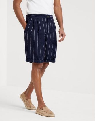 Brunello Cucinelli Mens Navy Striped Linen Wool Blend Shorts, Size 48