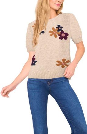 CeCe by Cynthia Steffe Groovy Flower Short Sleeve Sweater in Oatmeal at Nordstrom, Size X-Small