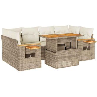 vidaXL 7 Piece Garden Sofa Set with Cushions Beige Poly Rattan Acacia Vidaxl
