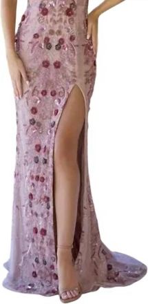 Primavera Floor-Length Beaded Formal Gown In Antique Rose
