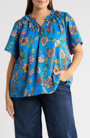 Sugarlips Anabelle Darthy Floral Flutter Sleeve Top in Blue-Pink at Nordstrom, Size 1X