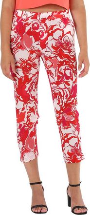 Roberto Cavalli Ladies Hydrangea / White Floral-print Straight-leg Silk Trousers, Brand Size 40 (US Size 6)
