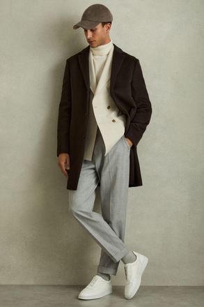 Reiss Chocolate Brown Wool Blend Single Breasted Epsom Overcoat, XS