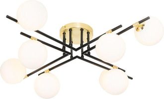 QAZQA Qazqa - Art Déco Plafón Art Deco negro con dorado y cristal opalino 8 luces - Lynn Acero /Vidrio Redonda Adecuado para led Max. 8 x 28 Watt