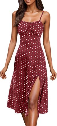 Generic Boho Dresses for Women UK Summer Spaghetti Straps Flowy Backless Dress Casual Sleeveless Cocktail Midi Beach Sundress with Split Shirt Dresses for Wom