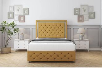 Comfort Beds Sofia Chrome Plush Divan Set 2 Drawers-54 Headboard-Footboard in Mustard | Size: Double