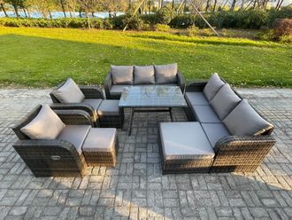 Fimous 11 Seater Rattan Outdoor Garden Furniture Sofa Set Patio Table & Chairs Set with 3 Seater Sofa Rectangular Dining Table Footstool in Dark Grey