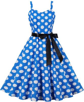Generic Womens Retro Blue Polka Dots Sleeveless Swing Dress Size L Adult Women Dress Knee-Length Sweetheart Neck Bow Empire Waist Zipper Back Spaghetti Strap 