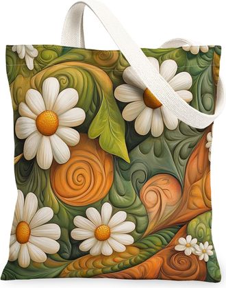 Generic Spring Daisy Flower Canvas Tote Bag for Shopping 13x15, Quilled Style Florals Reusable Grocery Print Pattern Bag for Women, Cool Aesthetic Beach Aesth