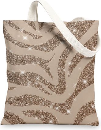 Generic Glitter Canvas Tote Bag, Sparkling Reusable Grocery Bags, Lightweight Brown Shoulder Strap Bags 13x15 Inch