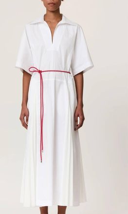 Plan C Pleated Poplin Dress With Red Belt In Optical White