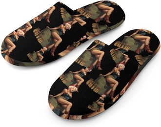 Generic Pinup Sitting on Top of Bullets Mens Cozy Memory Foam Slippers Warm Cotton House Shoes Comfy Slipper for Indoor Outdoor