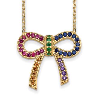 Diamond2Deal Sterling Silver 14K Gold-plated Colorful Cubic Zirconia Bow Necklace 16 with 2 inch Ext
