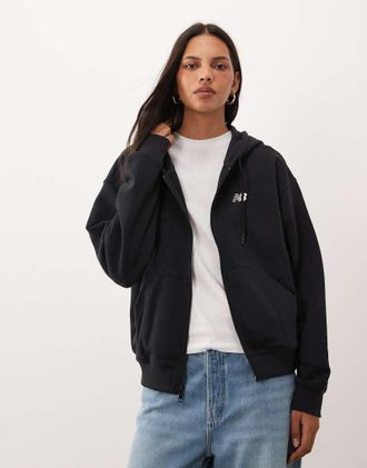 New Balance felpa con cappuccio full zip in pile e spugna nera-Nero