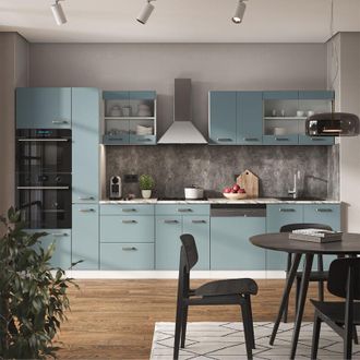 Vicco Mueble De Cocina R-line, Azul-gris-blanco, 350 Cm Con Armario Alto, Sin Encimera