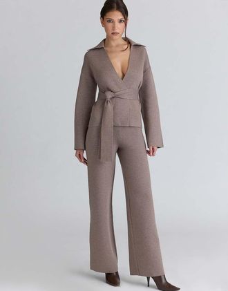 House of CB Avery - Pantaloni a fondo ampio in lana color talpa-Neutro