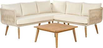Beliani Conjunto De Sala De Estar Esquinero 5 Plazas De Madera De Acacia Beige Madera Clara Blanco Crema Alcamo