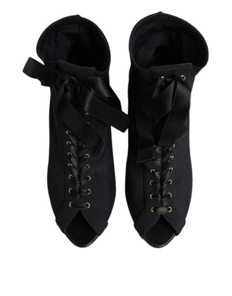 Dolce & Gabbana Womens Lace-Up Peep Toe Heel Boot Black Nylon Elastane Polyester