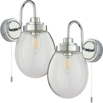 Loops 2 PACK IP44 Bathroom Wall Light Chrome & Round Clear Glass Curved Arm Oval Lamp