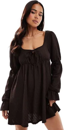 Miss Selfridge long sleeve milkmaid smock dress in chocolate-Brown