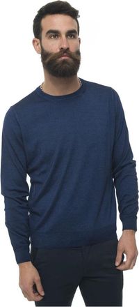 Canali Steen Gewassen Wol Zijde Trui - Heren - Ronde hals truien - Blauw - M - Wol - Truien & Vesten