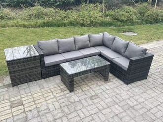 Fimous 6 Seater Rattan Corner Sofa Lounge Sofa Set With Rectangular Coffee Table Side Table Right Hand in Dark Grey