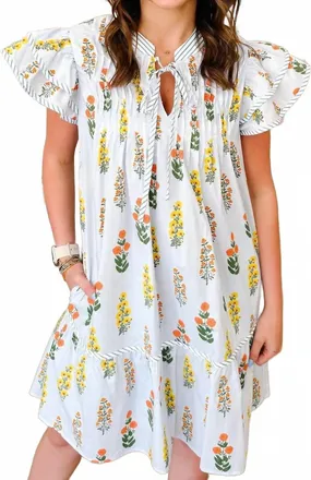 She + Sky Pleated Floral Dress With Bow In Light Blue