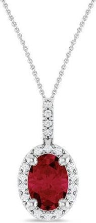 Allurez Oval Lab Ruby & Diamond Halo Pendant Necklace 14K in 1.08Ct/white Gold at Nordstrom, Size 18
