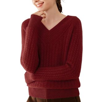 Dissa Women Cashmere Jumper Burgundy V-Neck Knitted Jumper Long Sleeve Relaxed Cashmere Wool Thick Cable Ladies Sweater,UK 6,SH528