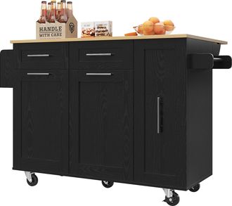 STILVORA Carro De Cocina Con Encimera Abatible, Almacenaje Y Ruedas Con Freno, Mdf Negro, 110 X 46 X 90,5 Cm