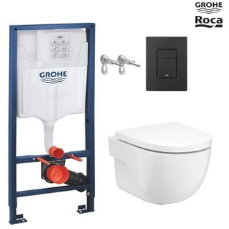 GROHE Bastidor Grohe Pack Cisterna Empotrada Y Pulsador Negro Mate Con Inodoro Wc Suspendido Roca Meridian Blanco 48 Cm De Sat
