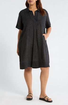 Eileen Fisher Windowpane Plaid Elbow Sleeve Organic Linen Shift Dress in Black/White at Nordstrom, Size 1 X
