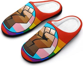 Generic LGBT Gay Trans Proud Fist Flag Mens House Slippers Memory Foam Washable Cotton Slip on Home Shoes