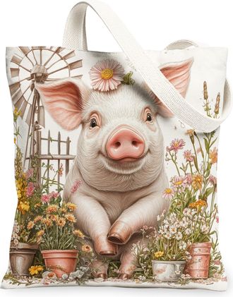 Generic Spring Pig Canvas Tote Bag for Shopping 13x15, Farmhouse Country Animal Reusable Grocery Print Bag for Women, Farm Wildflower Beach Aesthetic Painting