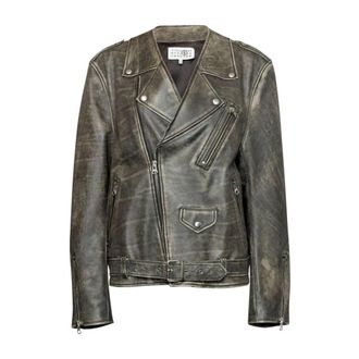 Maison Margiela Heavy Leather Biker Jacket - Dames - Leren en Su&egrave;de Jassen - Bruin - 2XS - Katoen - Jassen