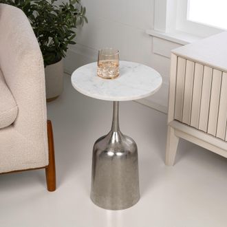 Jonathan Y Designs Pip 20.25 Classic Designer Metal Drink Table and Decorative End Table with White Marble Round Top and Bell Pedestal Base, Antique Gold