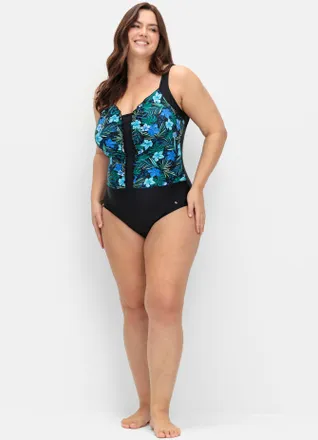 Sheego Badeanzug SHEEGO, Damen, Gr. 40, Cup E, schwarz (schwarz, bedruckt), Elasthan, Polyamid, Badeanz&uuml;ge Badeanzug