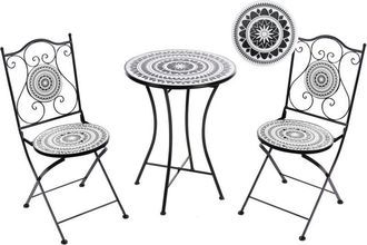 Beliani Conjunto De Balc&oacute;n Con Mesa Y Sillas Plegables De Metal Y Baldosas De Cer&aacute;mica Blanco Y Negro Comiso