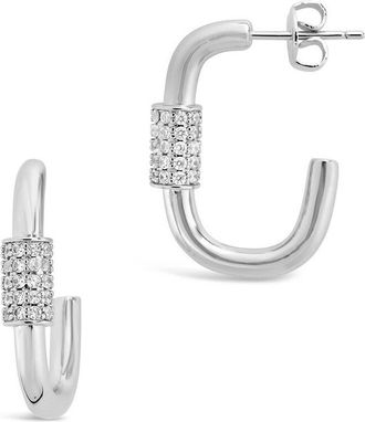 Sterling Forever Rhodium Plated Cz Carabiner Hoops