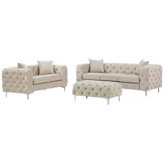 Vente-Unique Divano 3 posti, 2 posti e pouf Chesterfield in velluto Beige - EDWINA