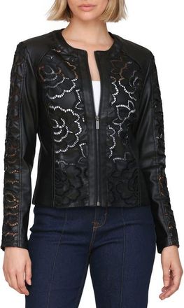 Bagatelle Floral Ladder Cutout Faux Leather Jacket in Black at Nordstrom, Size X-Small